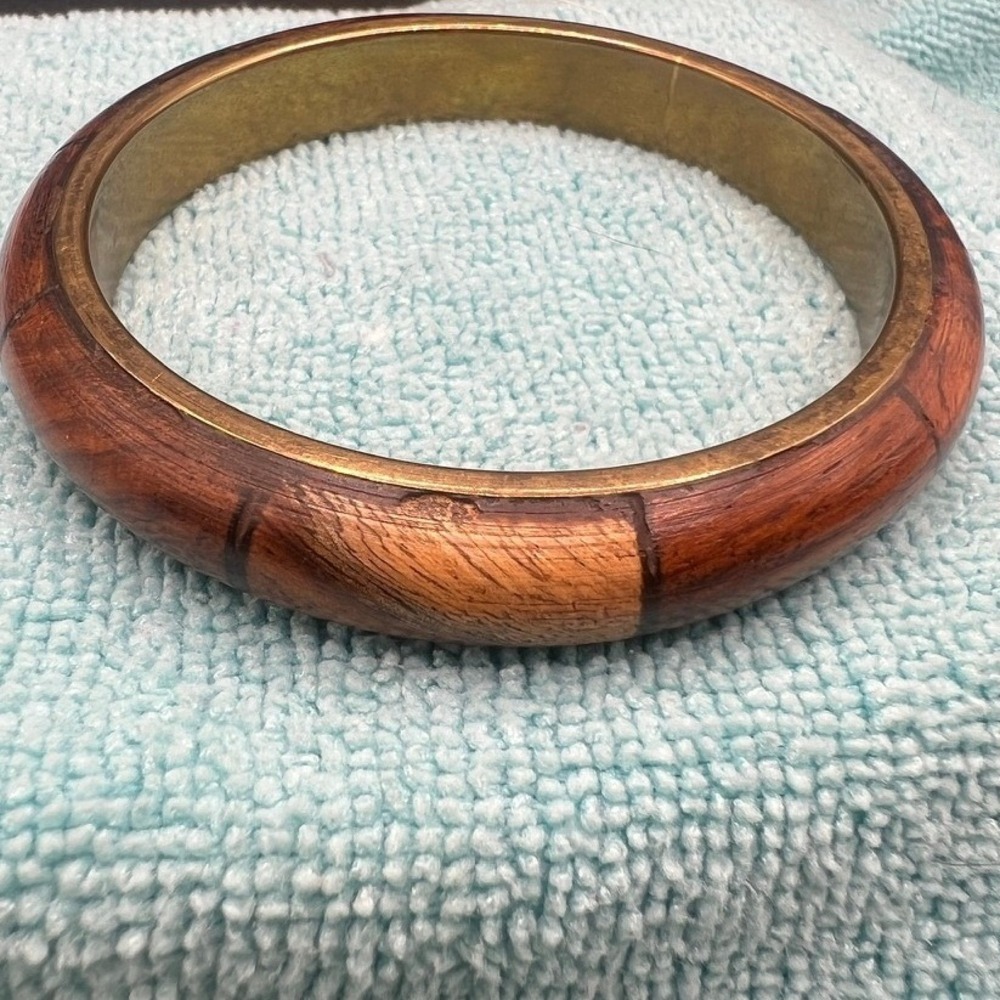 Vintage Brass Bracelet Inlaid‎ Wood .5" Width 8.25"